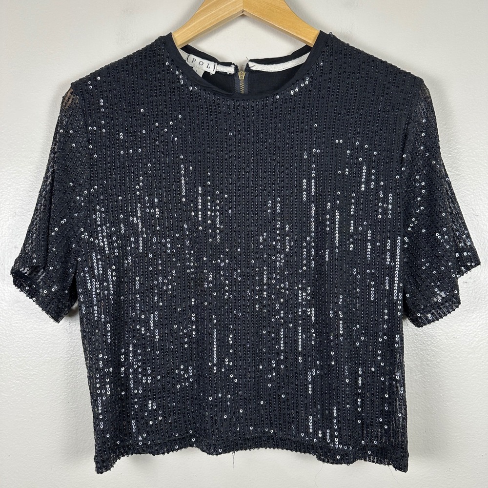 POL Women's Large Short Sleeve Sequin Top Black Back Zipper Mesh Formal Party
